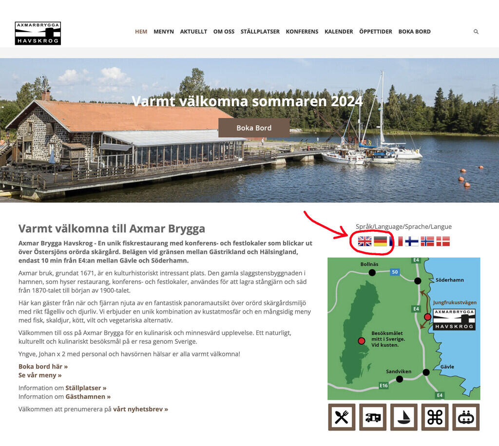 Axmar Brygga launches multilingual website to attract more visitors from Europe.